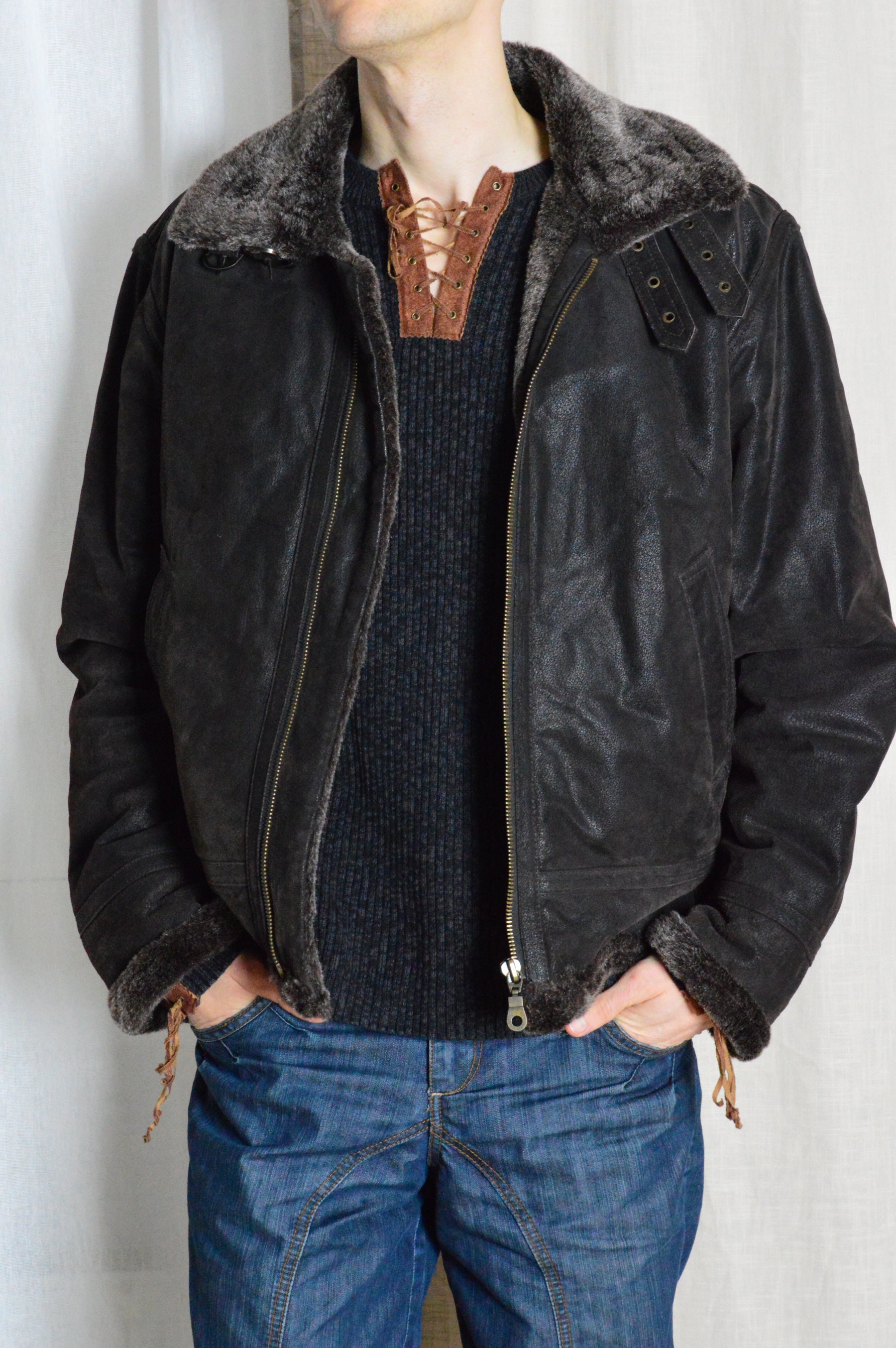 archive 90s grunge far leather jacket