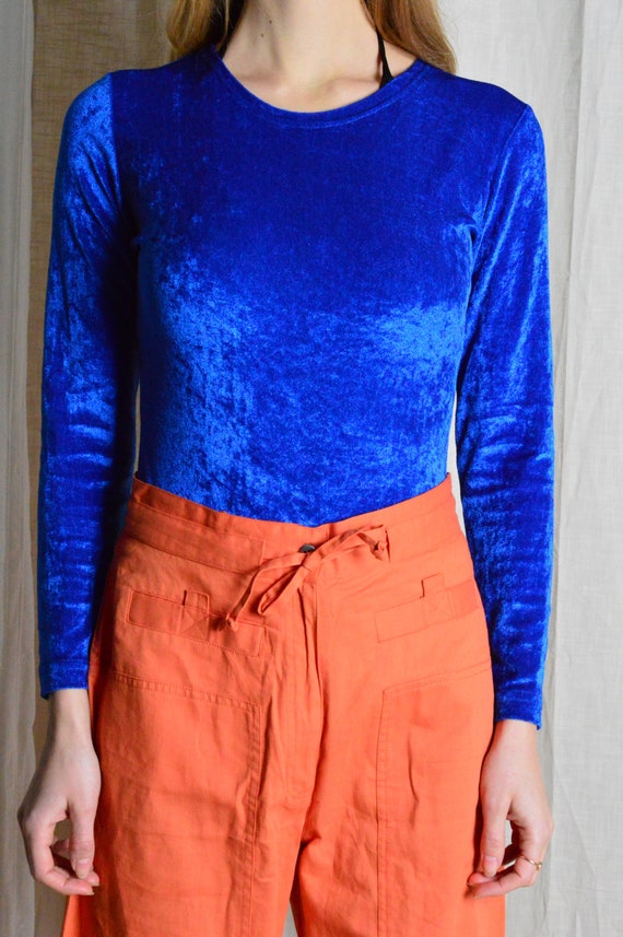 Vintage 90s Blue Velvet Long Sleeve Bodysuit Small - image 5