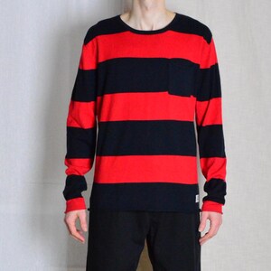 Y2K Red Midnight Navy Striped Grunge Cotton Long Sleeve Mens Shirt