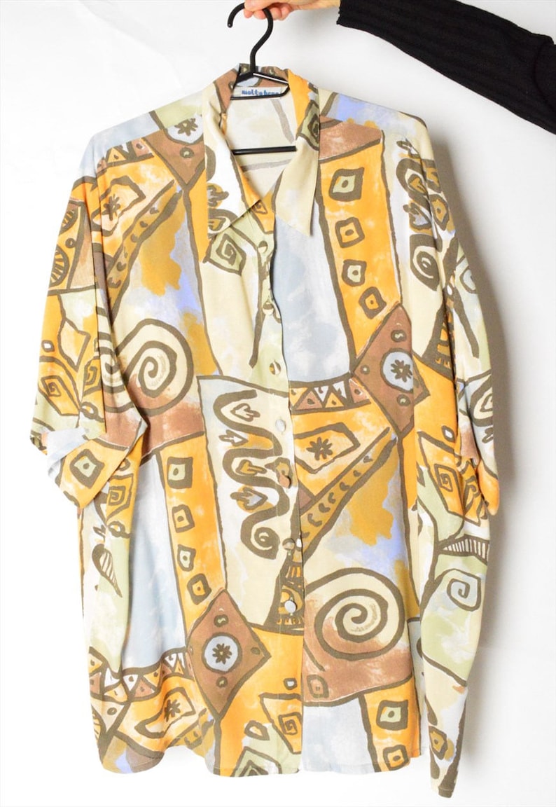 Vintage 90s Colourful Abstract Short Sleeve Womens Shirt Size XL