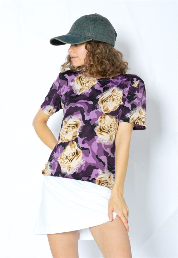 Vintage 90s Purple Beige Camo Tiger Top Womens Sh… - image 5