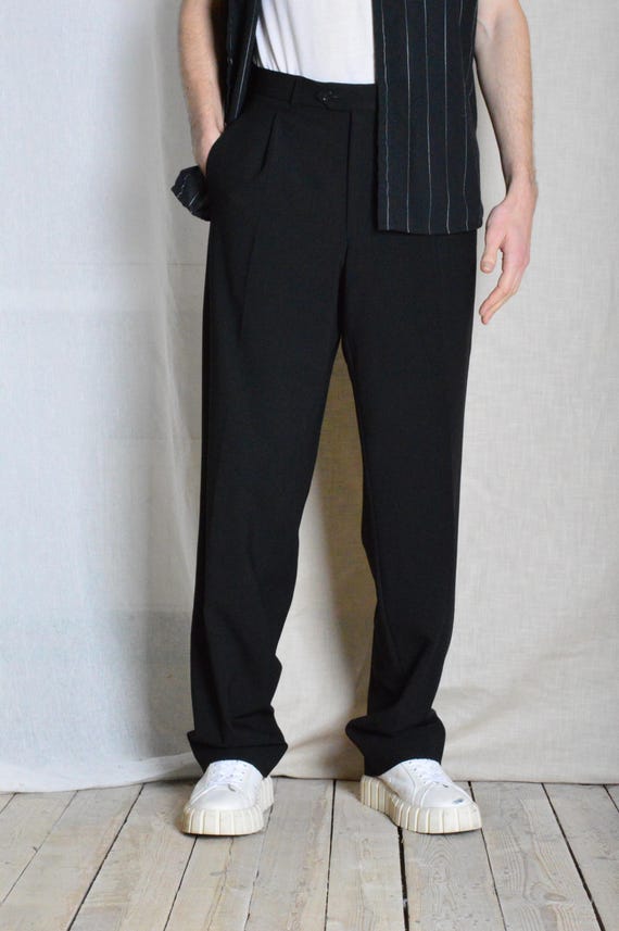 Vintage 90s Black Minimalist Formal Wool Blend Pleated Mens Pants