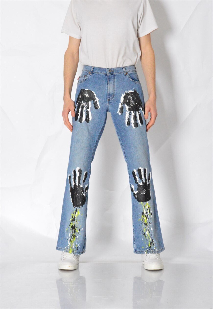 Y2K REWORKED Mustang Painted Black Hand Splashed Blue Jeans