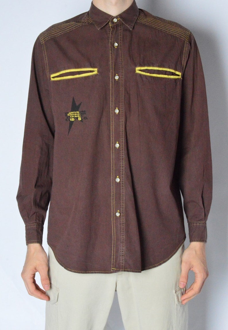 Vintage 90s Brown Graphic Grunge Long Sleeve Shirt Size S
