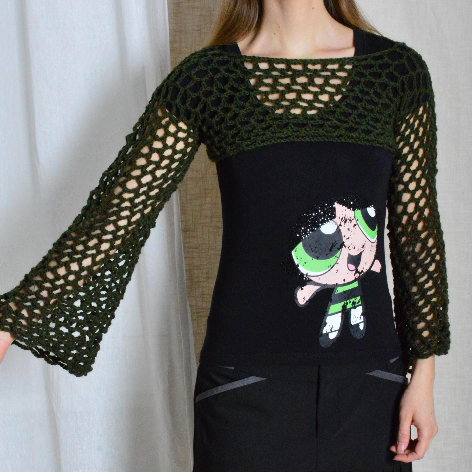 Y2K vert forêt tricoté à la main en résille tricoté à manches cloche micro haut d'été taille petit S