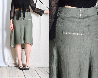 Y2K Khaki Green Linen Minimalist Scandi Midi Skirt Size S