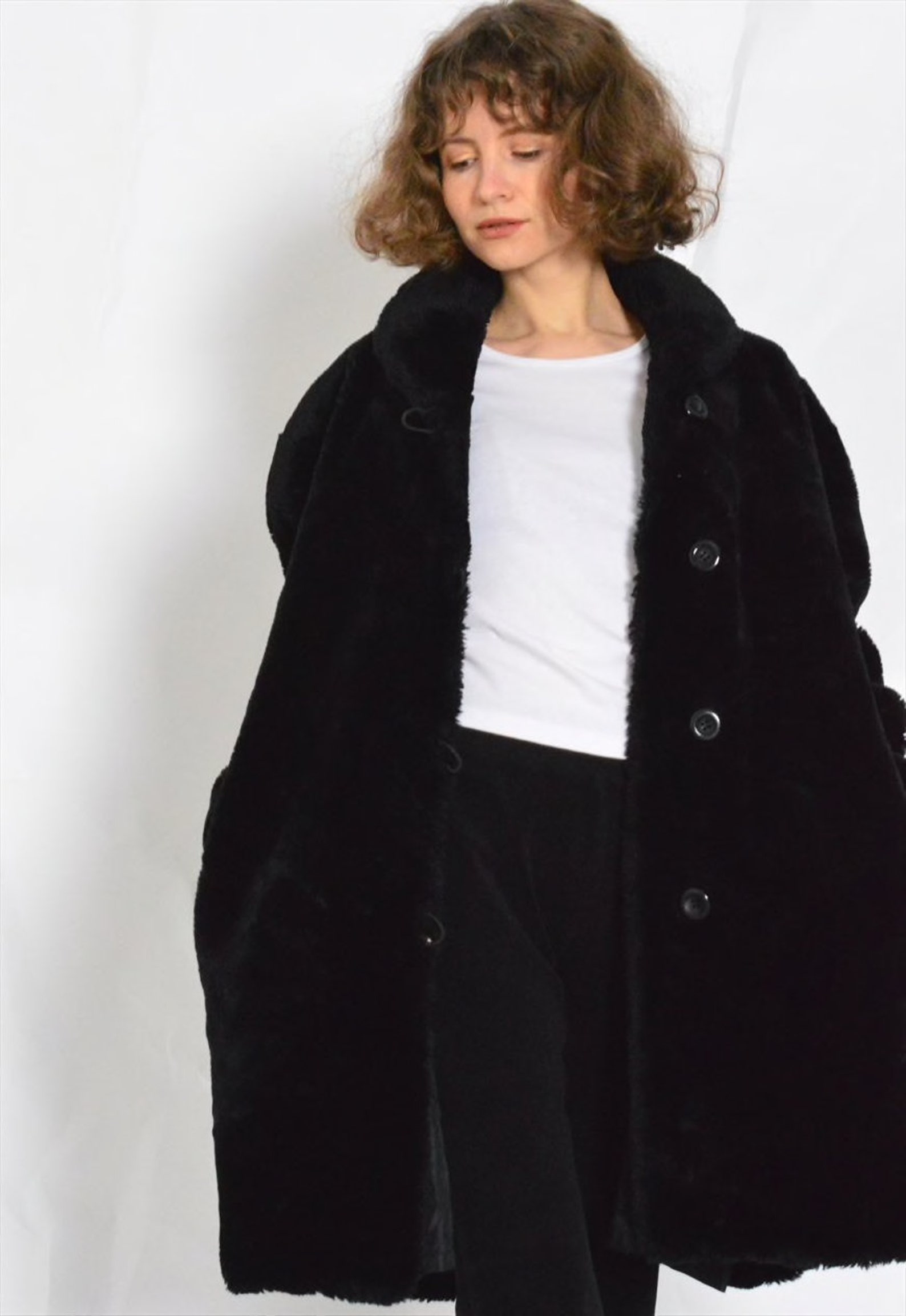 Vintage 80s Black Faux Fur Coat Womens Minimalist Jacket Size | Etsy