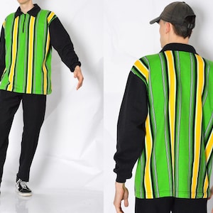 Vintage 90s Green Yellow Black Striped Zipper Sweatshirt Mens Jumper Size M
