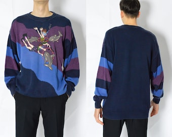 Vintage 80s Blue Purple Embroidered Anime Ocean Dolphin Sweater Mens Jumper Size M