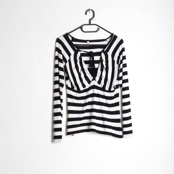 Y2k stripe border long sleeve archive 新品 Y2K Black White Striped V-neck Long Sleeve Grunge Womens Top Size