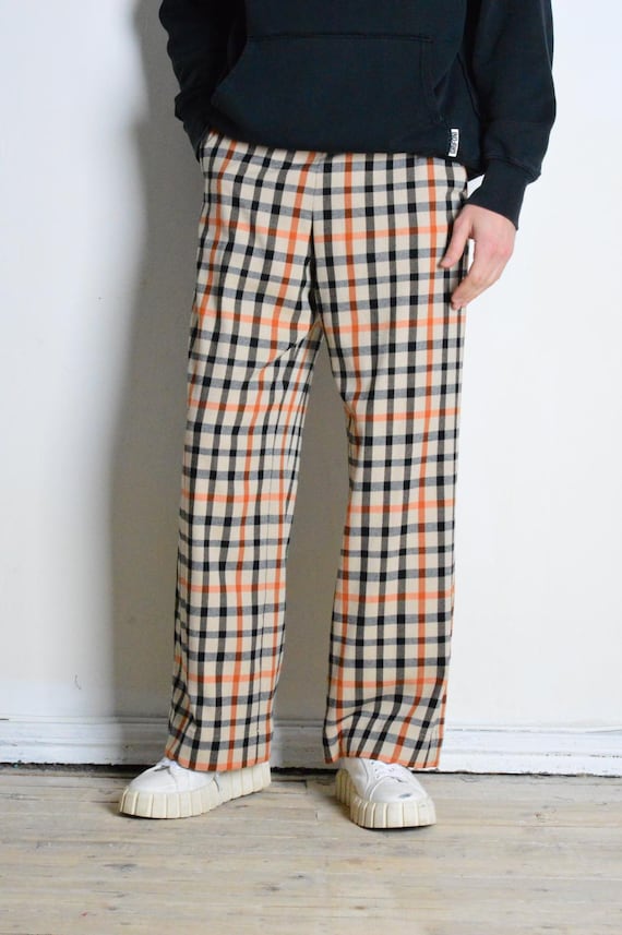 Y2K Vintage Beige Black Orange Unisex Pants Plaid Check Wide Leg