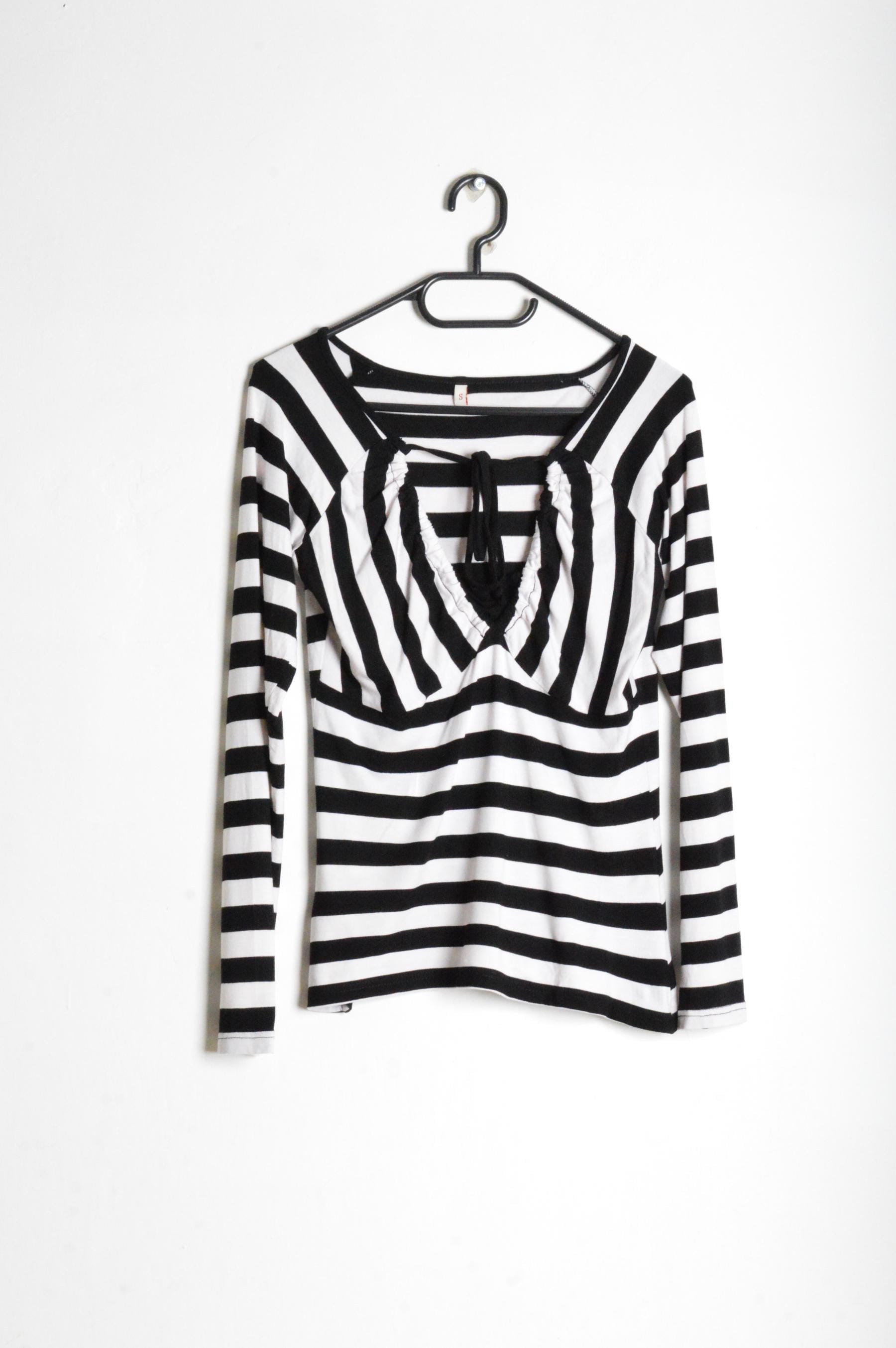 Y2K Black White Striped V-neck Long Sleeve Grunge Womens Top Size