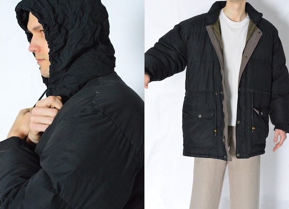 Vintage 90s Black Puffer Warm Winter Coat Mens Winter Jacket