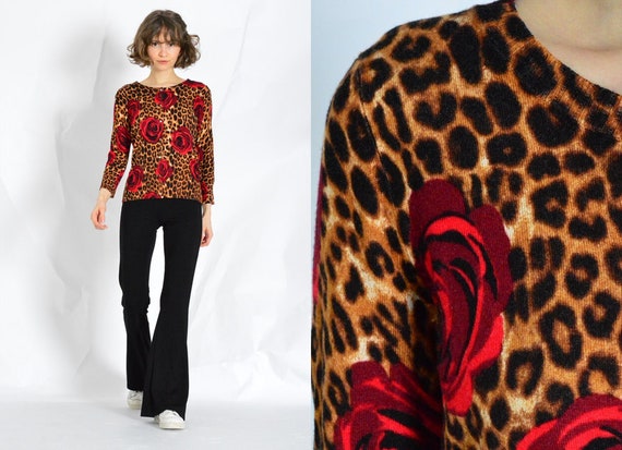 Y2K Vintage Brown Red Leopard Roses Cardigan Womens Top Petite Size XS Etsy UK