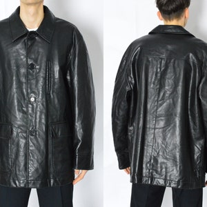 Vintage 90s Black Minimalist Faux Leather Grunge Mens Coat Size XL