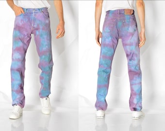 Vintage 90s Levis 501 Reworked Blue Purple Tie Dye Jeans Denim Pants Waist Size 30 In S