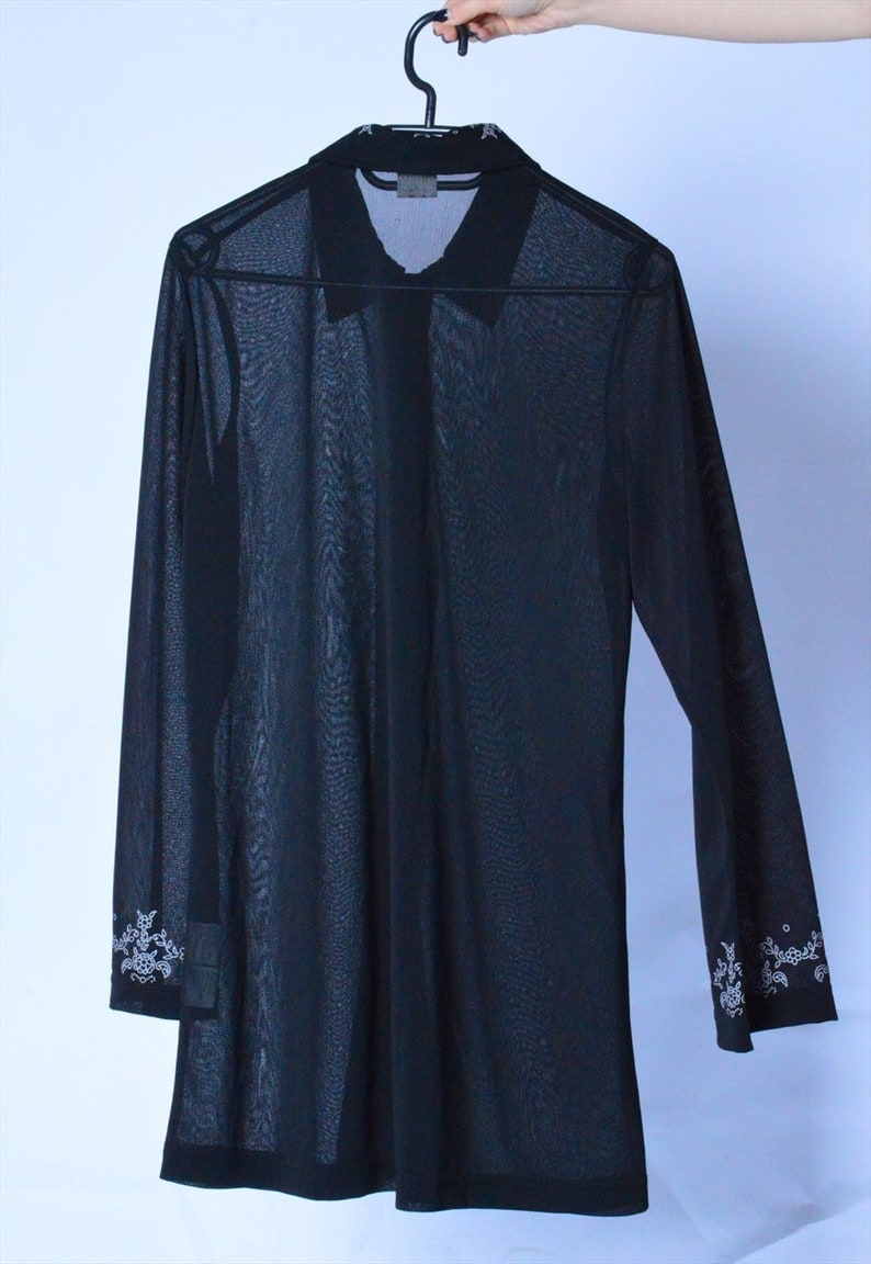 Vintage 90s Black See Through Flower Long Sleeve Festival Boho Blouse M Size Medium
