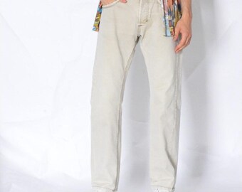 Y2K Beige Distressed Grunge Mens Jeans Minimalist Pants Waist Size 33 In Medium M