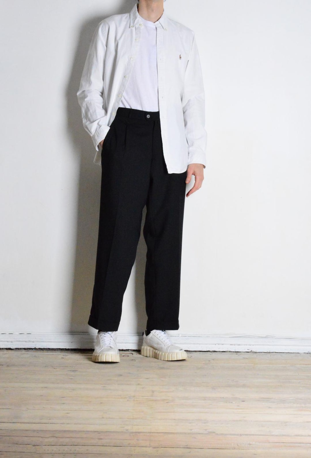 Vintage 80s Black Minimalist Formal Mens Pleated Pants Officecore