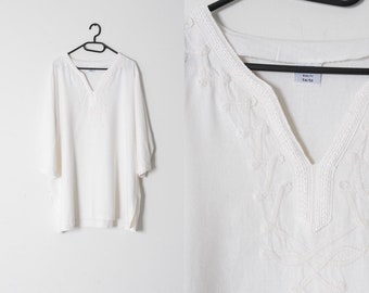 Vintage 90s White Minimalist Embroidered Linen Blend Tunic Top Size XL