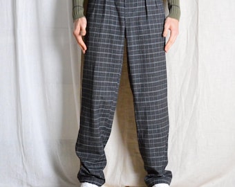 Vintage 90s Check Pleated Cotton Pants, Faded Blue Grey, Waist 27