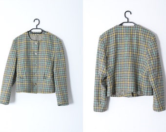Vintage 80s Beige Green Houndstooth Collarless Wool Blazer Womens Jacket Size L
