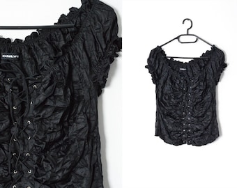 Y2K Black Crinkled Grunge Goth Top Womens Shirt Size M