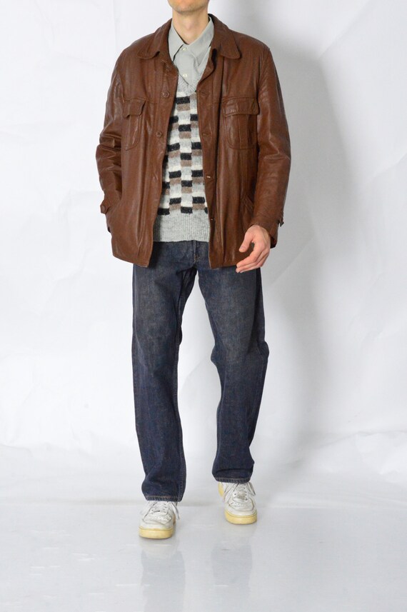 Vintage 70s Brown Minimalist Leather Jacket Size M - image 3