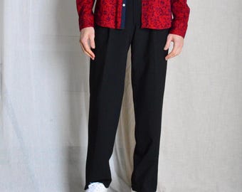 Pantaloni da uomo vintage anni '90 in misto lana con pieghe, pantaloni neri preppy, vita 30