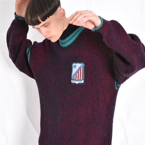 Vintage 80er Jahre 80er Jahre Dunkelroter Strickwolle Mix Grunge Patch Pullover Herren Pullover Größe XL