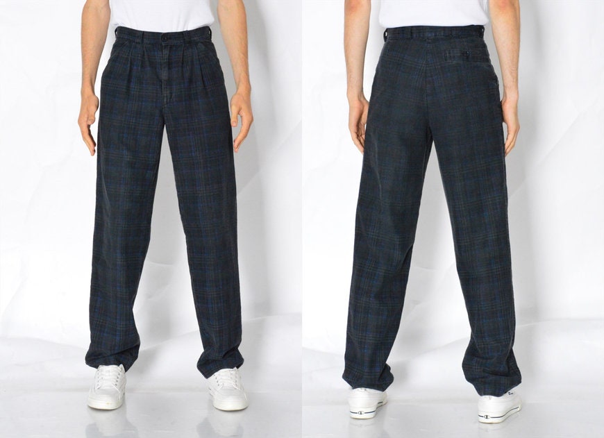 パンツ 90s vintage check cotton slacks c-boy Vintage 90s Check Pleated Cotton Pants, Faded Blue Grey, Waist 27