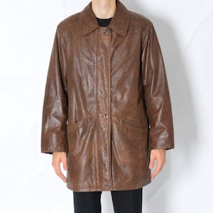 Vintage 90s Unisex Brown Minimalist Coat Retro Leather Jacket Size M