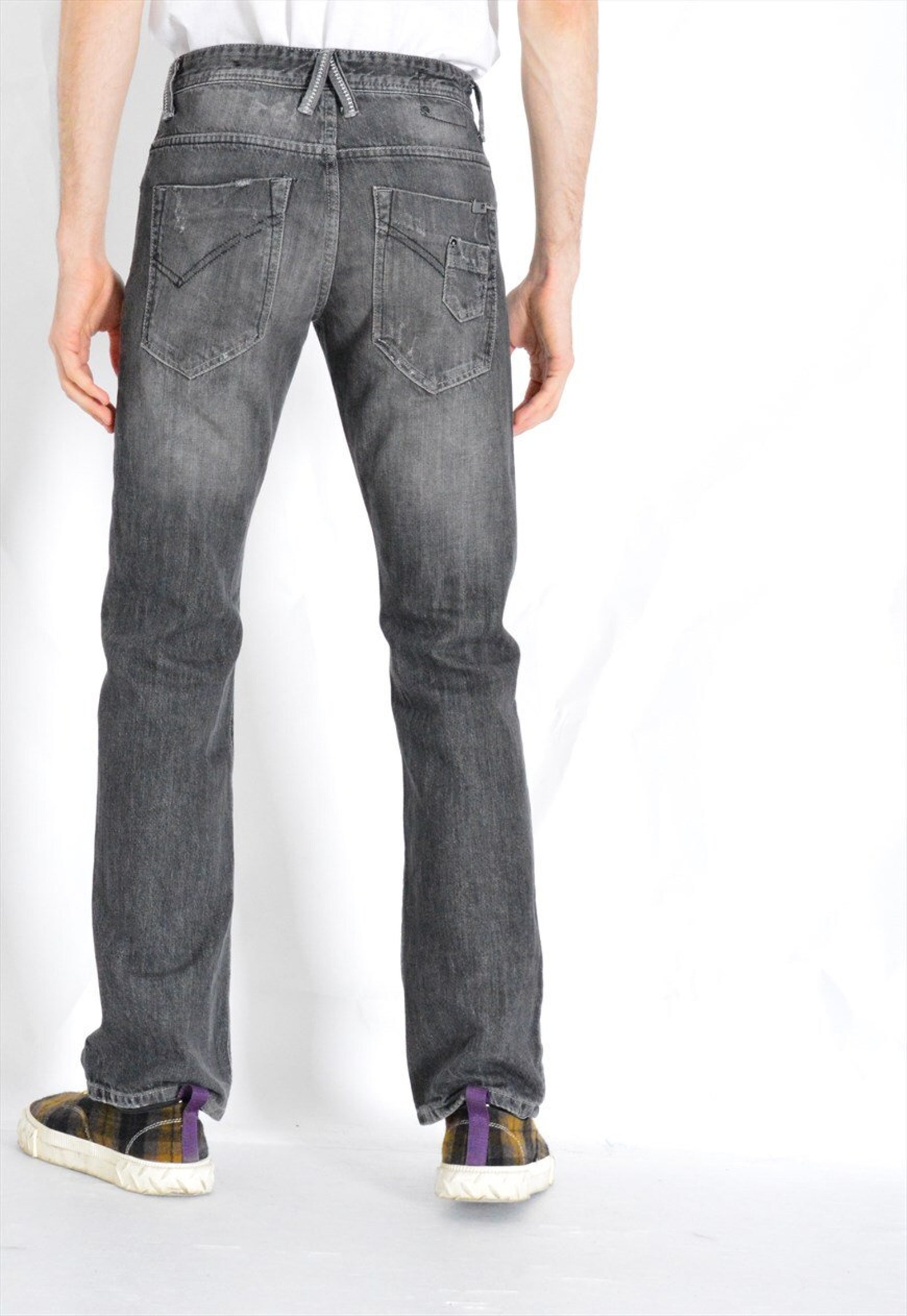 Y2K Vintage Faded Gray Distressed Jeans Mens Denim Pants Waist Size 28