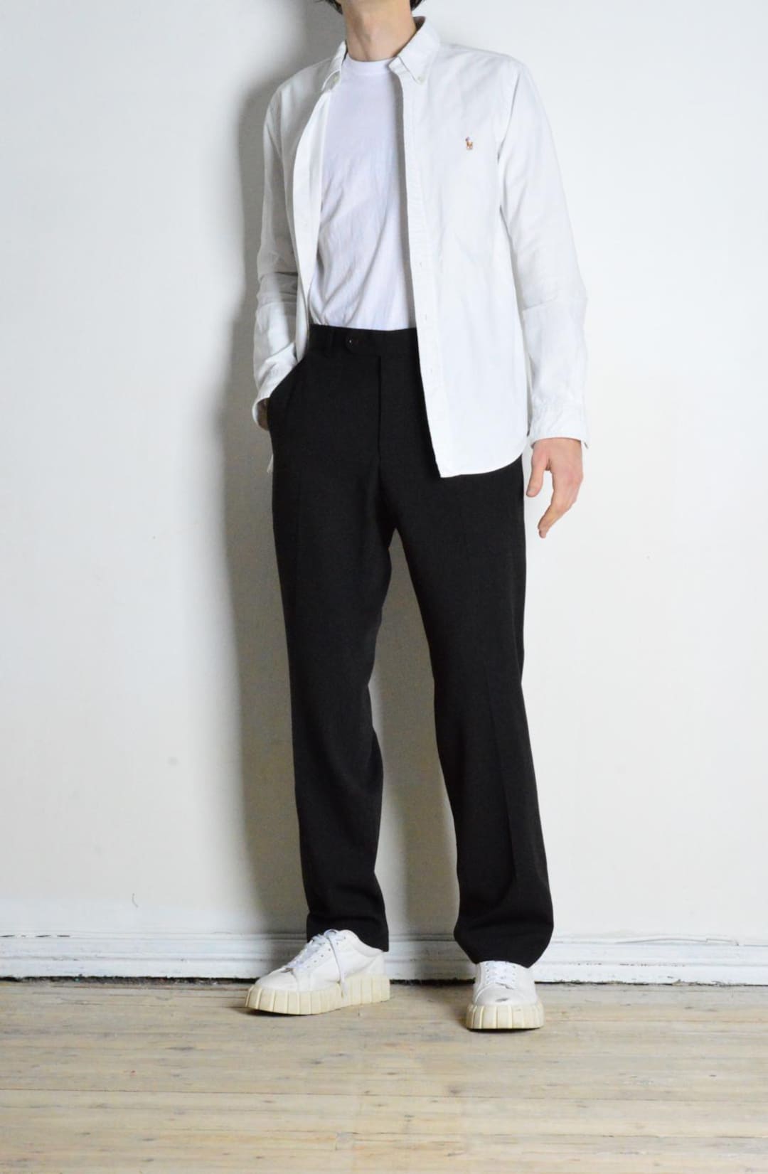 Vintage 90s Black Minimalist Striped Wool Blend Formal Officecore