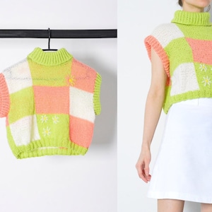 Y2K Pastel Green Pink Flower Floral Cropped Knit Turtleneck Womens Vest Top Size S - M