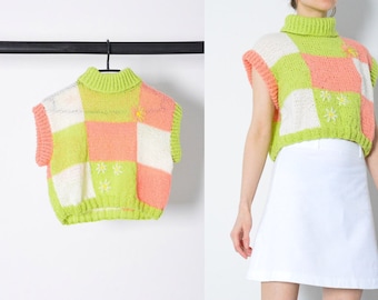 Y2K Pastel Green Pink Flower Floral Cropped Knit Turtleneck Womens Vest Top Size S - M