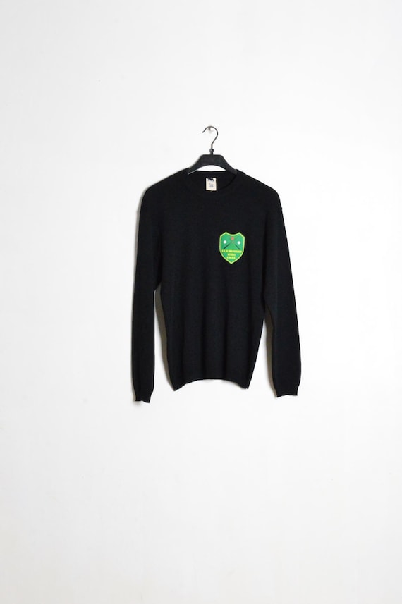 Vintage 80s Black Minimalist Virgin Wool Blend Crew Neck Preppy Dutch Billiards Association Patch Sweater Snooker Mens Jumper Size L