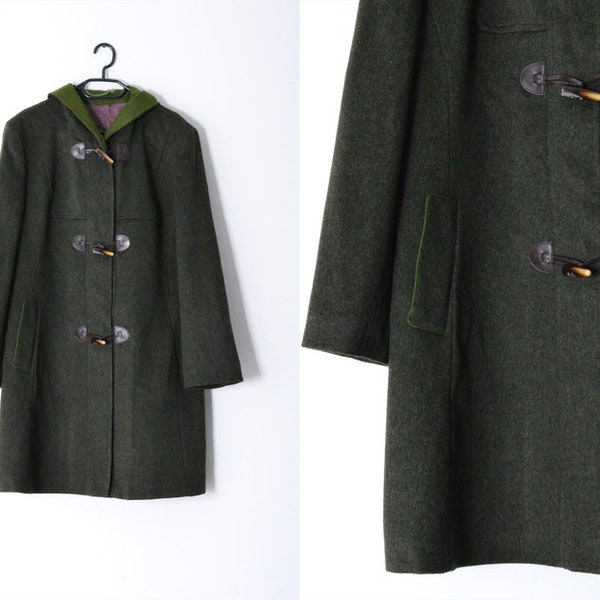 vintage 90s Khaki Green Wool Hooded Duffle Coat Femme Veste Chaude Taille L