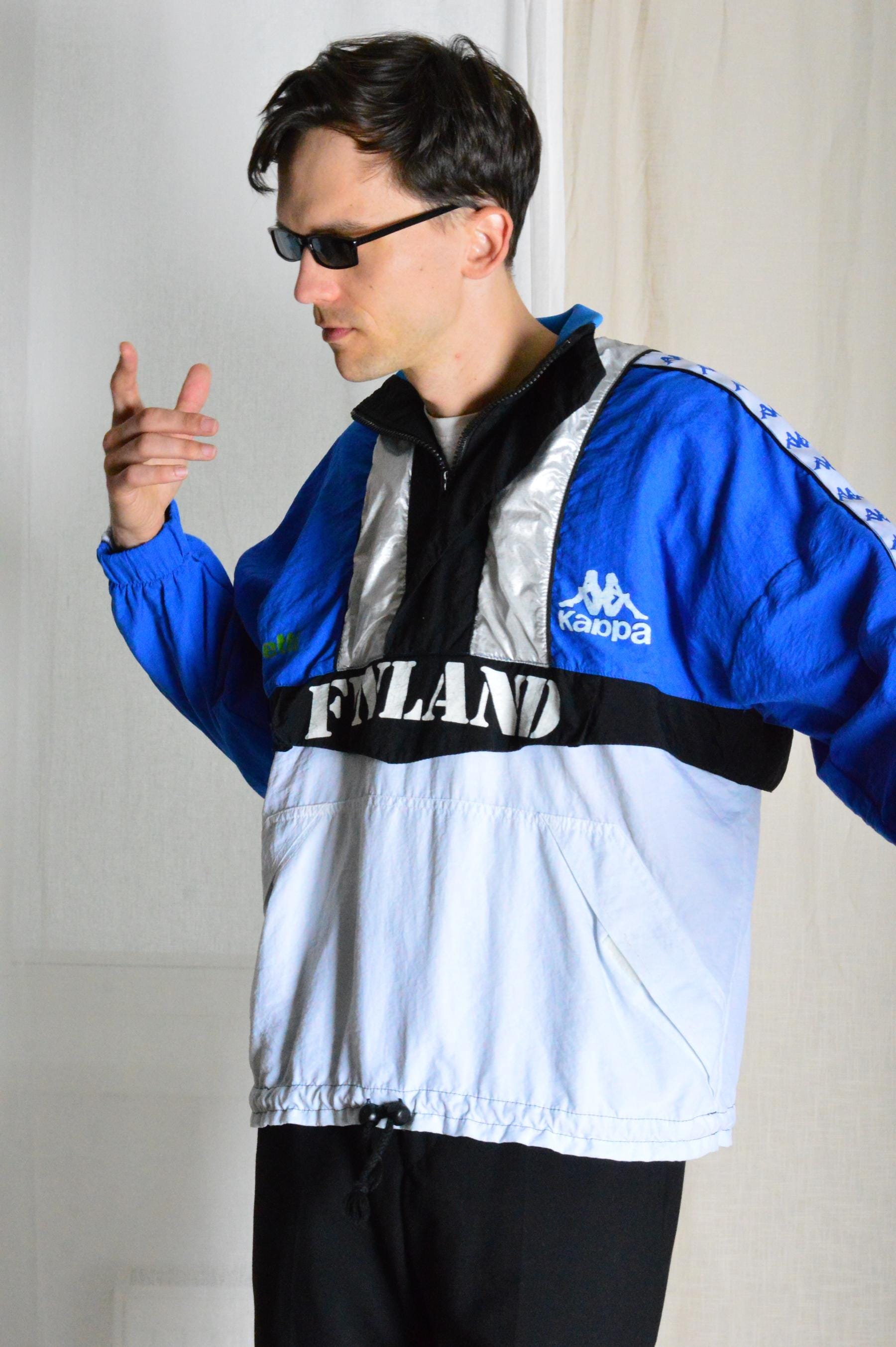 Vintage 90s Blue Silver Finland Kappa Athletic Anorak Track Jacket Size S Small