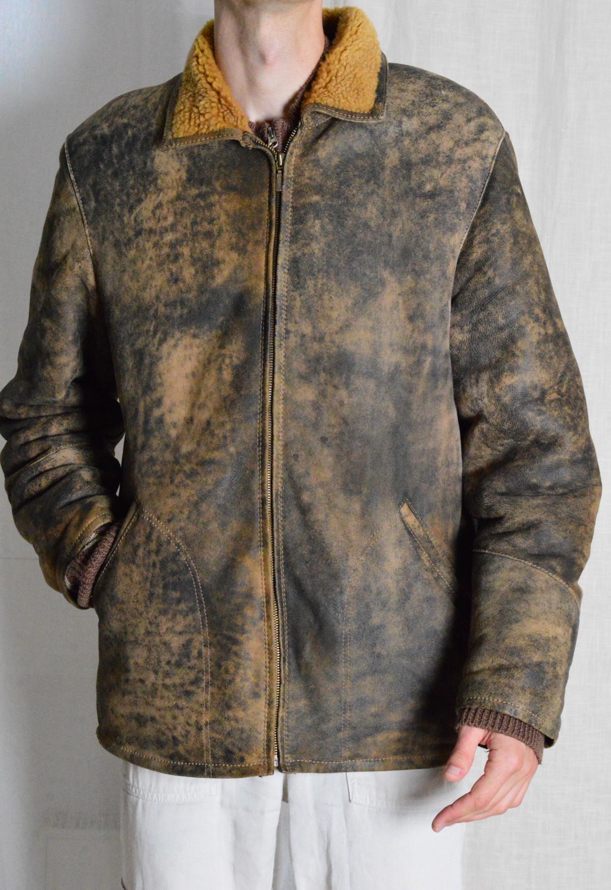 Vintage 90s Acid Wash Brown Beige Grunge Mens Warm Sheepskin
