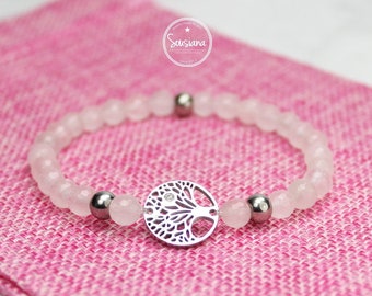 Gemstone bracelet rose quartz tree of life stainless steel silver