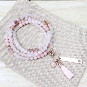 Chaîne de mendicité pierres précieuses opale rose quartz rose chaîne longue quartz rose chaîne en Y opale rose or rose