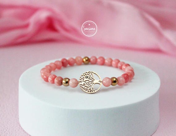 Edelsteinarmband Rhodochrosit Lebensbaum Zirkonia Edelstahl roségold