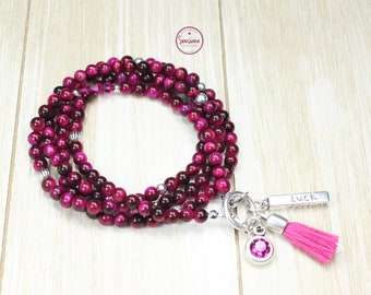 Bead necklace gemstones tiger eye pink antique silver Long gemstone necklace fuchsia