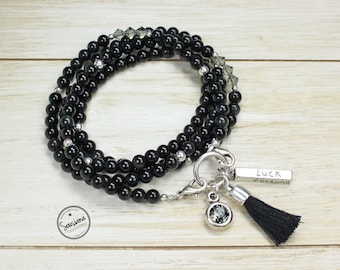 Bettelkette Edelsteine Black Obsidian antiksilber Lange Edelsteinkette schwarz