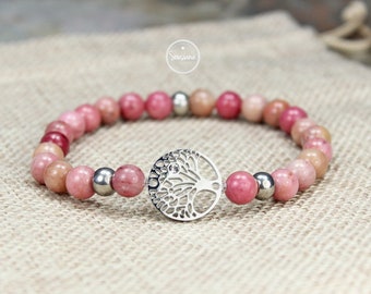 Gemstone Bracelet Rhodonite Tree of Life Stainless Steel silver