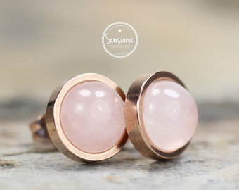Stud Earrings Rose Quartz 8 mm Rose Gold Stainless Steel Earrings Bridal Jewelry Gemstone Earrings