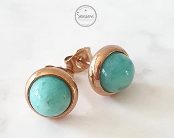 Studs Amazonite 8mm rose gold stainless steel earrings bridal jewelry gemstone earrings