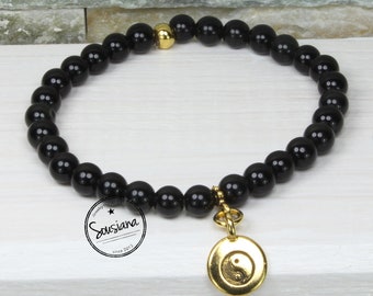 Bracelet Yin Yang Gemstones Black Obsidian gold colored