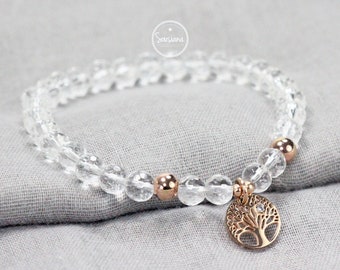 Gemstone Bracelet Rock Crystal Tree of Life Zirconia Stainless Steel Rose Gold Family Bracelet